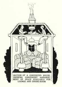 Doorsnede van een verbouwd huis, met handige indeling van de beschikbare ruimte voor lounge en eetkamer