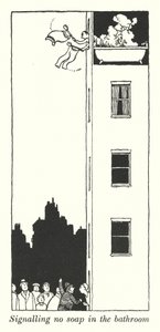 Signaal voor geen zeep in de badkamer (litho) door William Heath Robinson