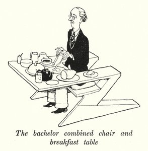 De vrijgezellen gecombineerde stoel en ontbijttafel door William Heath Robinson