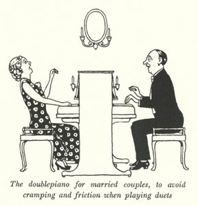 De dubbelpiano voor echtparen, om krampen en wrijving bij het spelen van duetten te voorkomen door William Heath Robinson