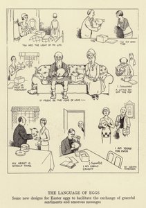 De taal van eieren, enkele nieuwe ontwerpen voor paaseieren om de uitwisseling van sierlijke gevoelens en amoureuze berichten te vergemakkelijken door William Heath Robinson