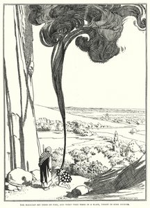 De magiër stak ze in brand, en toen ze in vlammen stonden, gooide hij er wat wierook in (gravure)