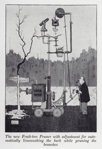 De nieuwe fruitboom snoeier met aanpassing voor automatisch kalken van de schors tijdens het snoeien van de takken door William Heath Robinson