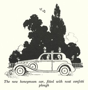 De nieuwe huwelijksreisauto, uitgerust met een nette confettiploeg (litho)