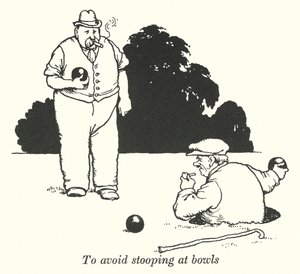 Om bukken bij het bowlen te vermijden (litho) door William Heath Robinson