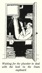 Wachten op de loodgieter om de lekkage in de linnenkast te verhelpen door William Heath Robinson
