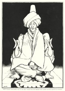 Wat hem zeer beviel was om Abou Hassan zijn troon te zien vullen met bijna evenveel ernst als hijzelf (gravure)
