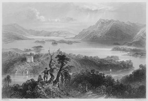 Hazlewood en Lough Gill, Sligo (gravure) door William Henry (after) Bartlett