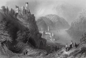 Oberwesel en het kasteel van Schomberg door William Henry (after) Bartlett