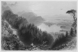 De Beneden- en Torcmeren, Killarney, vanaf de Torc Waterval (gravure) door William Henry (after) Bartlett