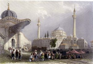 De Moskee van Bajazet met de Seraskierpoort, Istanbul, gegraveerd door H. Griffiths, ca. 1850 (aquatint) door William Henry (after) Bartlett