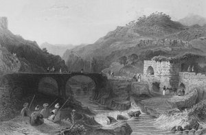 Een Khan, of herberg, aan de Damour, Libanon, tussen Beteddein en Beiroet door William Henry Bartlett