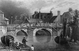 Bow Bridge, Essex, gegraveerd door John Rogers, 1832 door William Henry Bartlett
