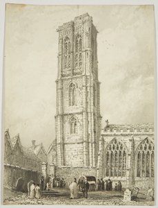 Exterieur van Temple Church, met een begrafenis, ca. 1825 door William Henry Bartlett