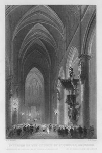 Interieur van de Sint-Goedelekerk, Brussel door William Henry Bartlett