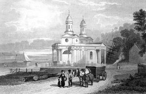 Mistley Thorn Church, nabij Manningtree, Essex, gegraveerd door Henry Adlard, 1832