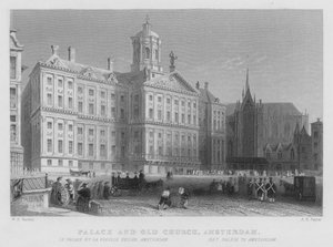 Paleis en oude kerk, Amsterdam (gravure)