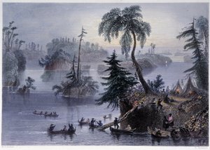 Scène tussen de Duizend Eilanden: Kamp en boten, Mille îles - in "Canadian scenery illustrated" door Bartlett W. H.