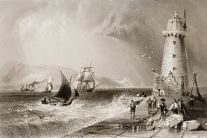South Wall Lighthouse met Howth Hill in de verte, Dublin, uit 