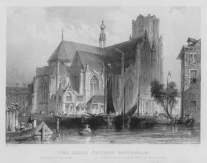 De grote kerk, Rotterdam (gravure) door William Henry Bartlett