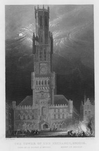 De Toren van de Beurs, Brugge (gravure) door William Henry Bartlett