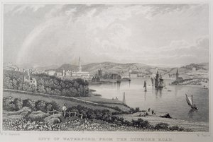 Uitzicht op Waterford vanaf The Dunmore Road, Ierland, gegraveerd door W. Taylor