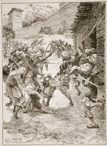Luitenant Harley, aan het hoofd van veertig Sikhs en zestig Kashmiris, stormde het huis over de monding van de mijn, illustratie uit 