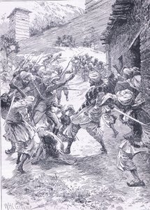 Luitenant Harley leidt de sortie vanuit Fort Chitral, illustratie uit Cassells Geschiedenis van Engeland, 1900s door William Henry Charles Groome