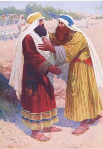 De ontmoeting van Jakob en Esau, uit Het Bijbel Prentenboek uitgegeven door Thomas Nelson, ca.1950 door William Henry Charles Groome