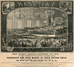 De grote Madiai-bijeenkomst van 1853 van de Protestantse Alliantie in Exeter Hall, Londen