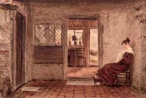 Cottage interieur met meisje dat naait