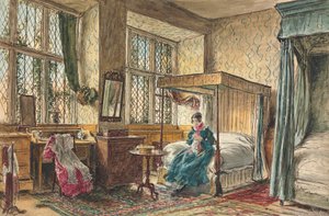 Miss Moore naait in haar slaapkamer, Hardwick Hall, Derbyshire door William Henry Hunt