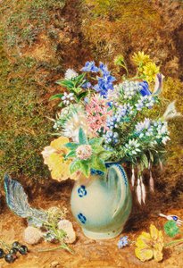 Lichtblauwe Chinese kan met heide en kleine bloemen, ca. 1860