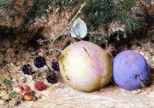 Rozenbottels, bramen en pruimen door William Henry Hunt