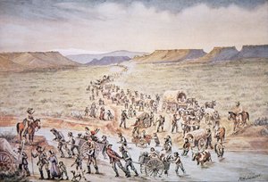 Mormoonse handkar pioniers op weg naar het westen naar Utah in 1850 door William Henry Jackson