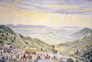Mormonen dalen Little Mountain af naar Salt Lake City, Utah (kleur litho) door William Henry Jackson