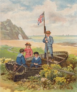 Kinderen spelen in een boot op het strand