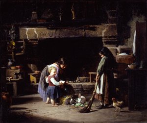 Boereninterieur: Bretonse kinderen voeren konijnen, 1878 door William Henry Lippincott