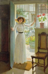 Bij de Cottage deur (olieverf op doek) door William Henry Margetson