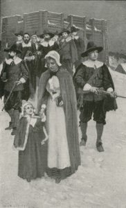 Sabbatdag met de pelgrimsvaders bij hun eerste nederzetting in New Plymouth door William Henry Margetson