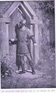 Sir Launcelot kon geen weg vinden, want hoewel de deur oud en versleten was, hield hij stand