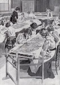 Studenten van de Koninklijke School voor Kunstnaaldwerk borduren de kroningsmantel van de koning door William Henry Margetson