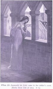 Toen Sir Launcelot du Lake naar het hof van haar vader kwam, herkende Elaine hem meteen door William Henry Margetson