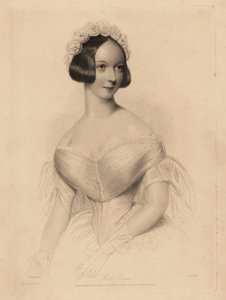 Miss Gore. In een off-the-shoulder jurk met strakke taille, haar versierd met een krans van rozen. Staalgravure door William Henry Mote naar een illustratie van William Drummond uit Charles Heath