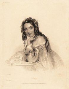 Portret van Amy. Schoonheid met een sluier over lang haar, jurk met hermelijnen rand, die een parelketting vasthoudt. Staalgravure door William Henry Mote naar een illustratie van John Hayter uit Charles Heath