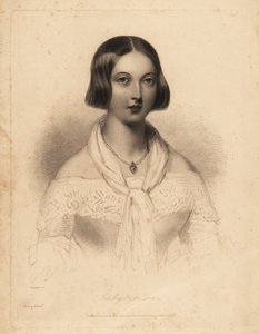 Jonge koningin Victoria, begin 20. Staalgravure door William Henry Mote naar een illustratie van William Drummond uit Charles Heath