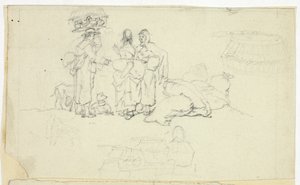 Figuren met marktgoederen en drie schetsen