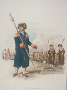 Parochiebode in burgerkostuum met een staf, 1805