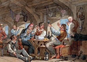 Matrozen drinken aan boord van het benedendek van hun schip, scène met violist en pijproker, linnen liggend op een touw, en boorduitrusting (zwaard, geweer, kanon, lamp)