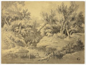 Twee figuren punteren op bosbeek door William Henry Pyne